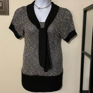 Gray w/Black Tie Front Short Sleeve Sweater